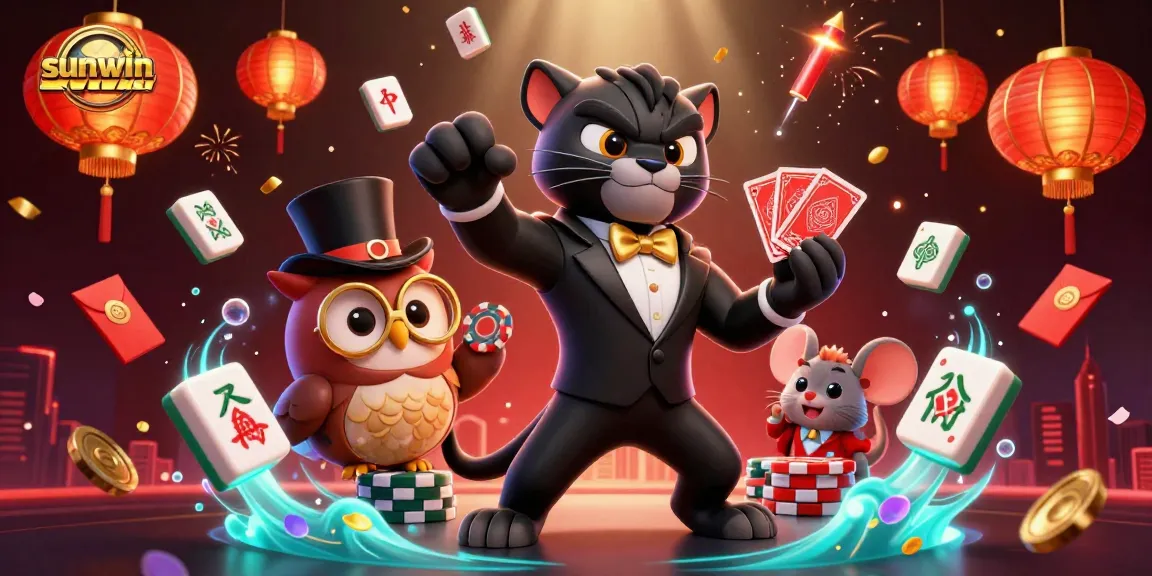 Experience excitement at sunwin with a stylish panther dealer, owl with chips, and lucky mouse amidst vibrant casino elements.