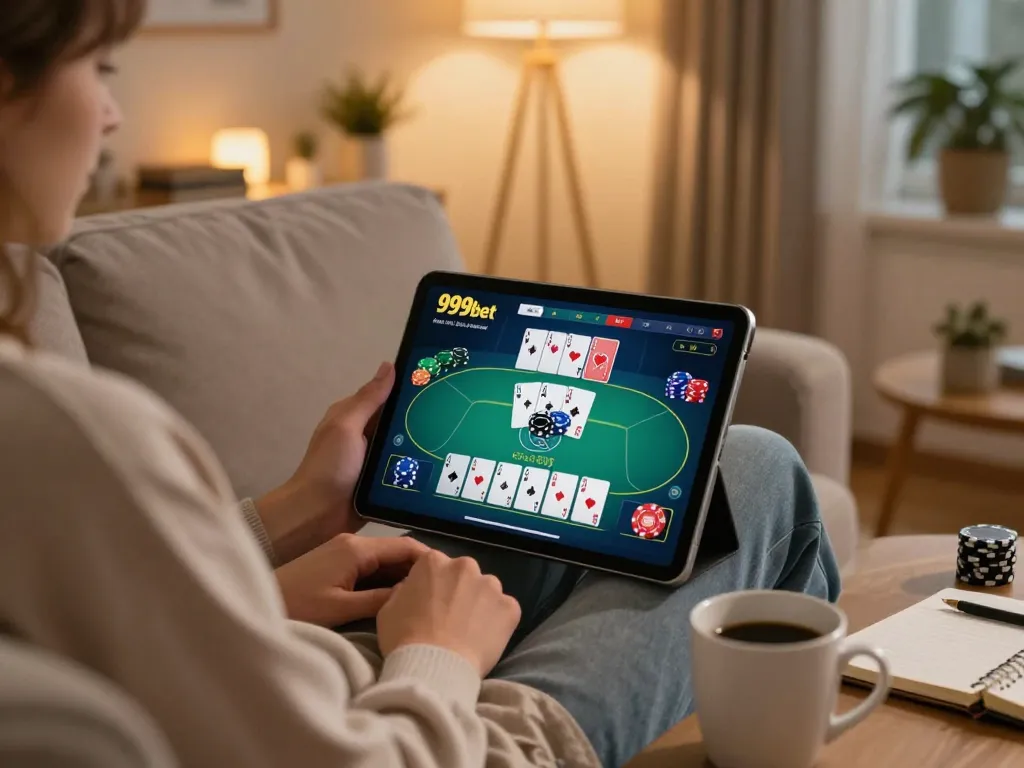 Engaged player enjoying 999bet online gaming experience on a tablet while relaxing at home.