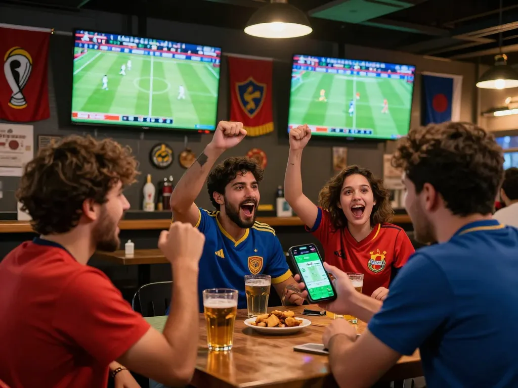 Engaged sports fans placing bets using keonhacaii88 app during World Cup 2026 games.