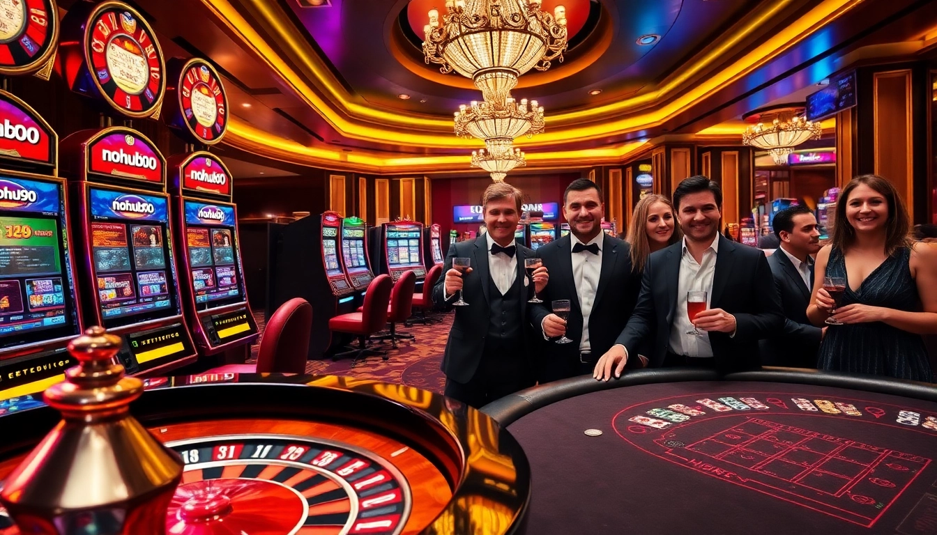 Nohu90 players enjoying an exciting game at a luxury casino table with vibrant slot machines.