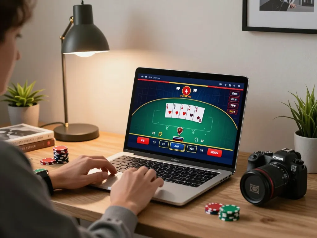 Engaging in strategy-based online gaming at mn88, showcasing a cozy home atmosphere with poker gameplay.