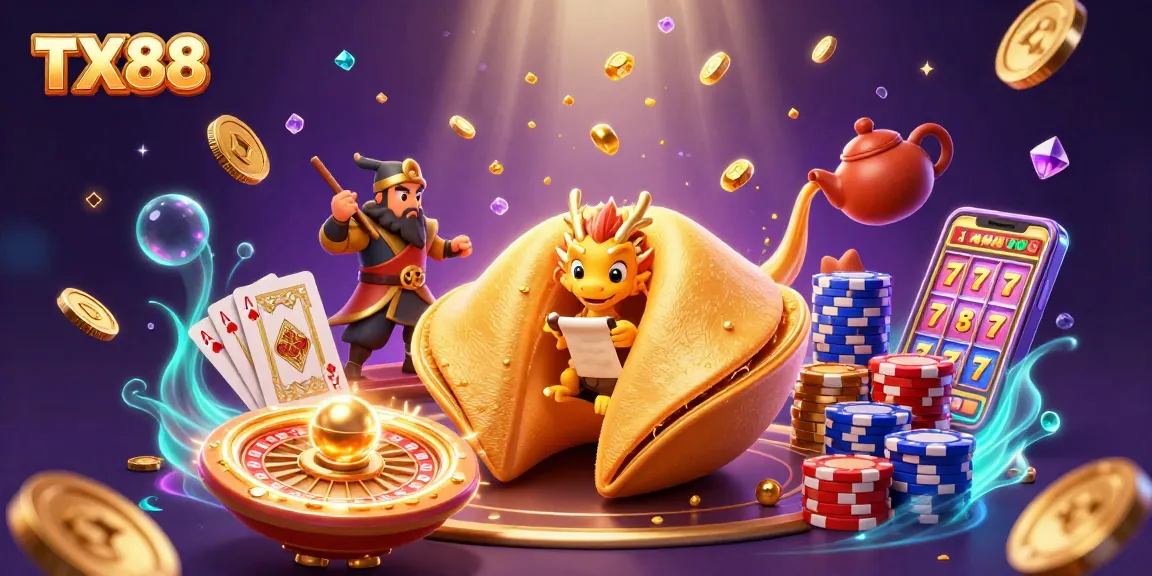 Experience thrilling gameplay with TX88 as golden coins and poker chips fly around a whimsical casino scene.