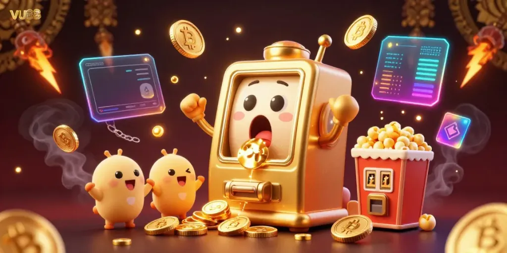 Join the excitement at VU88 as the golden slot machine hits the jackpot amidst a flurry of coins and crypto elements.