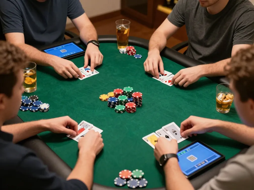 Players engage in an exciting online poker session at home, highlighting the 8kbet experience with chips and cards.