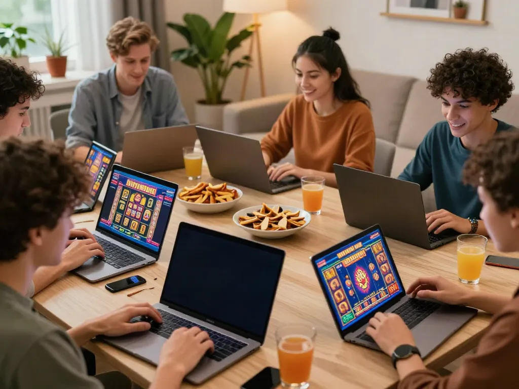 Engaged players exploring uk slots not on gamstop in a cozy living room setting.