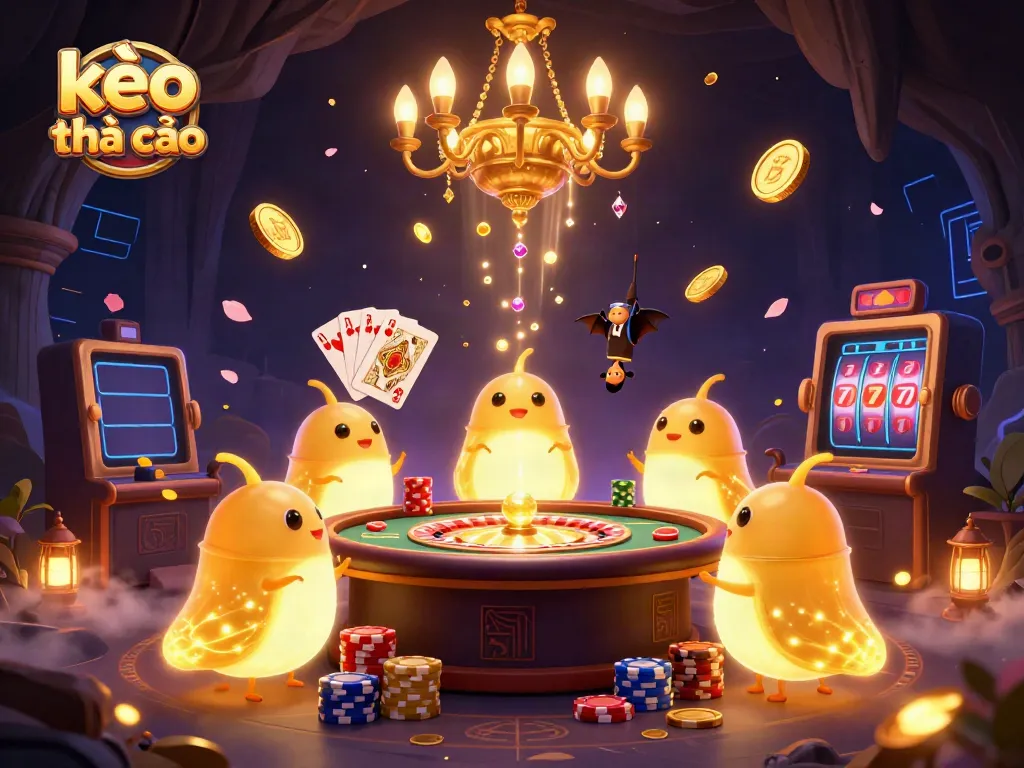 Engage with kèo nhà cái through a vibrant 3D casino scene showcasing glowing glowworms, a bat dealer, and rich gaming elements.