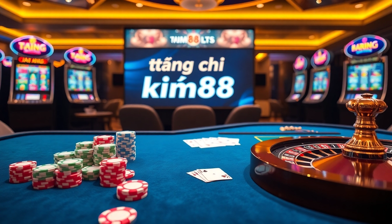 Engaging scene of professional gambling at trang chủ kim88 featuring poker chips and roulette wheel.