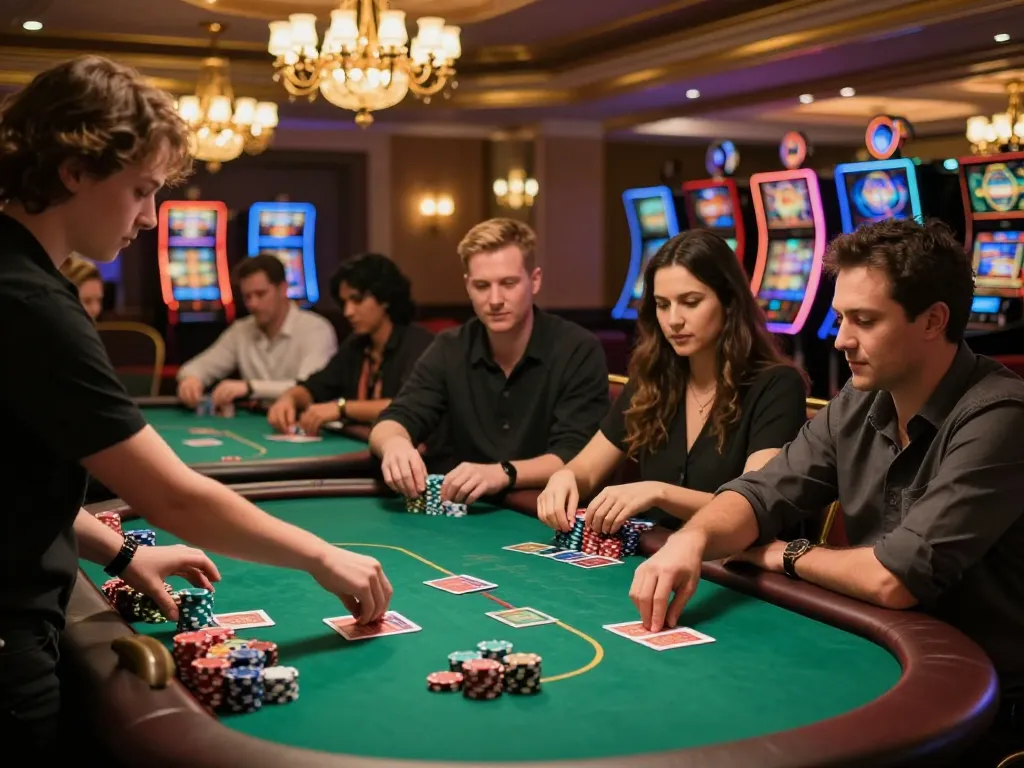 Engaged players at a vibrant poker table in the luxurious 68gamebaivn casino atmosphere