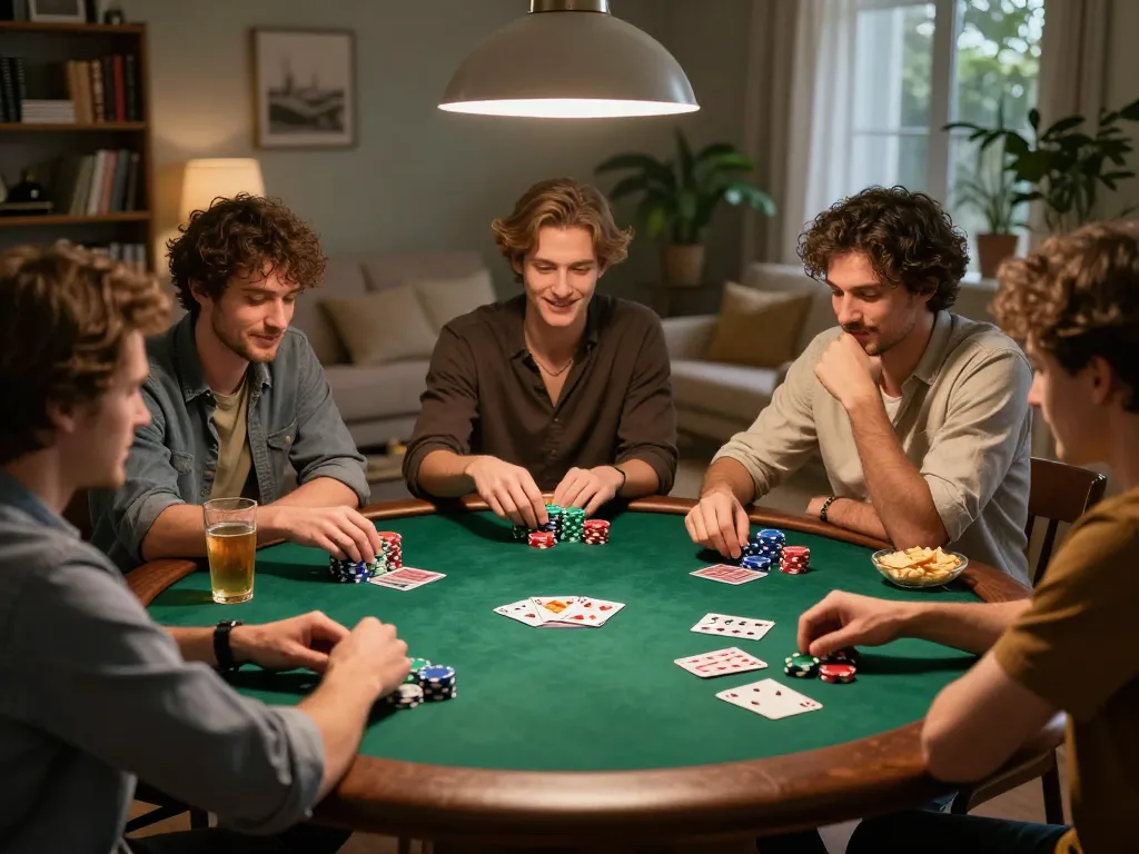 Friends enjoying a competitive poker game at home, showcasing strategic gameplay with au 88 chips in view.