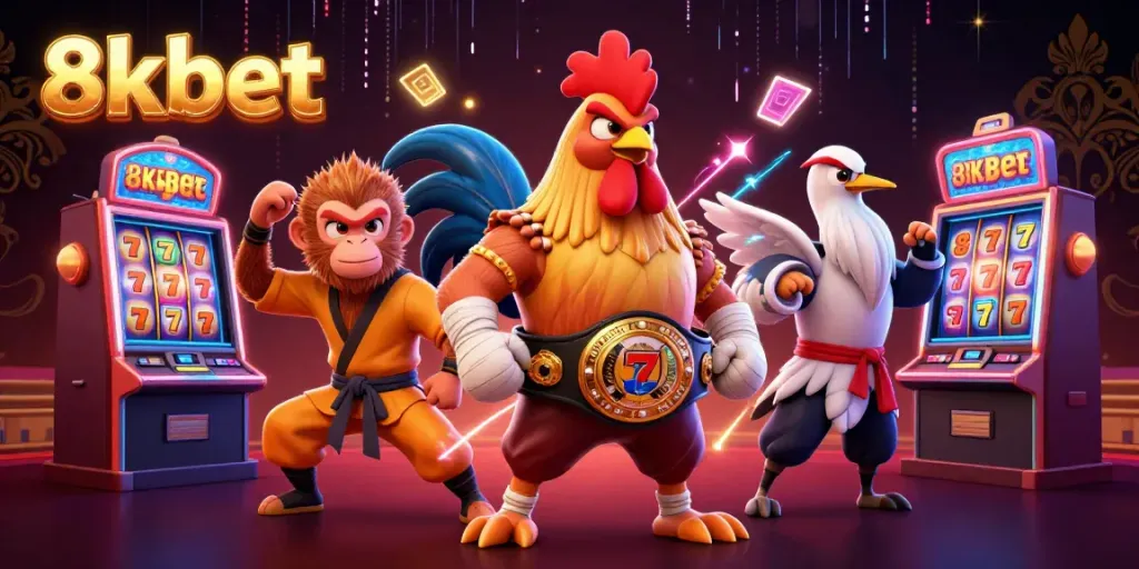 Experience the excitement of 8xbet with colorful slot machines and dynamic characters in a vibrant casino atmosphere.