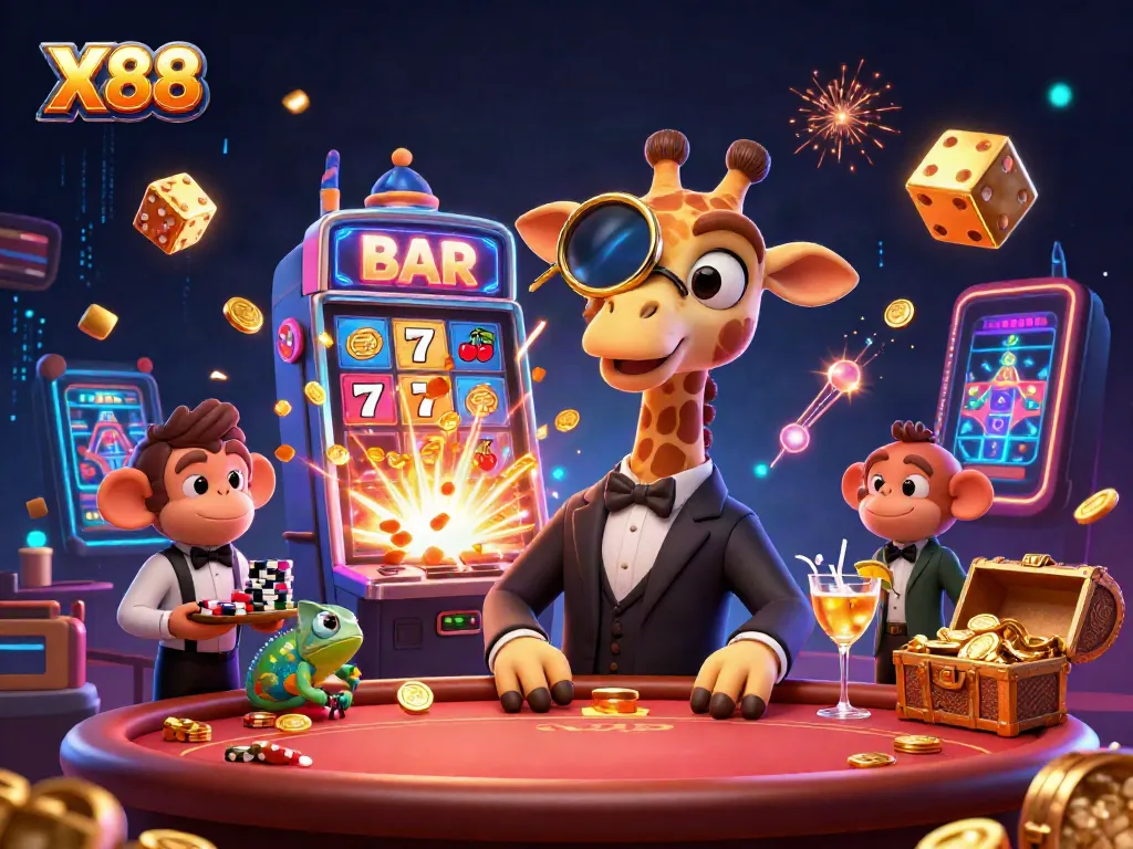 X88 themed illustration featuring a high-roller giraffe at a poker table with coins and gaming elements.