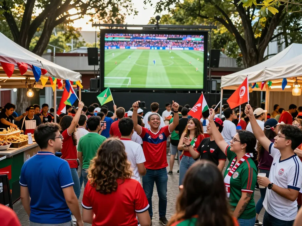 bóng đá 1gom fans celebrating at a football screening event outdoors with food stalls.