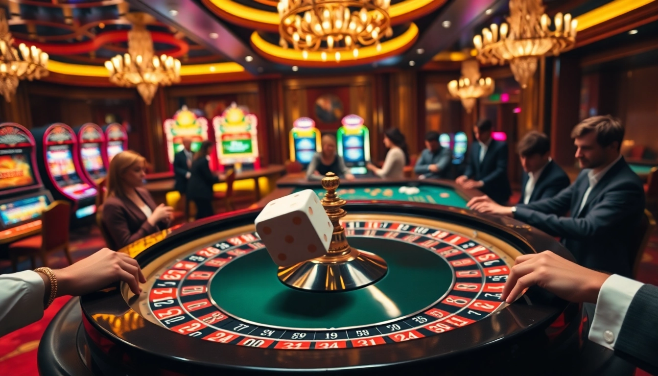Exciting gambling scene at tg88 casino with roulette and slot machines.