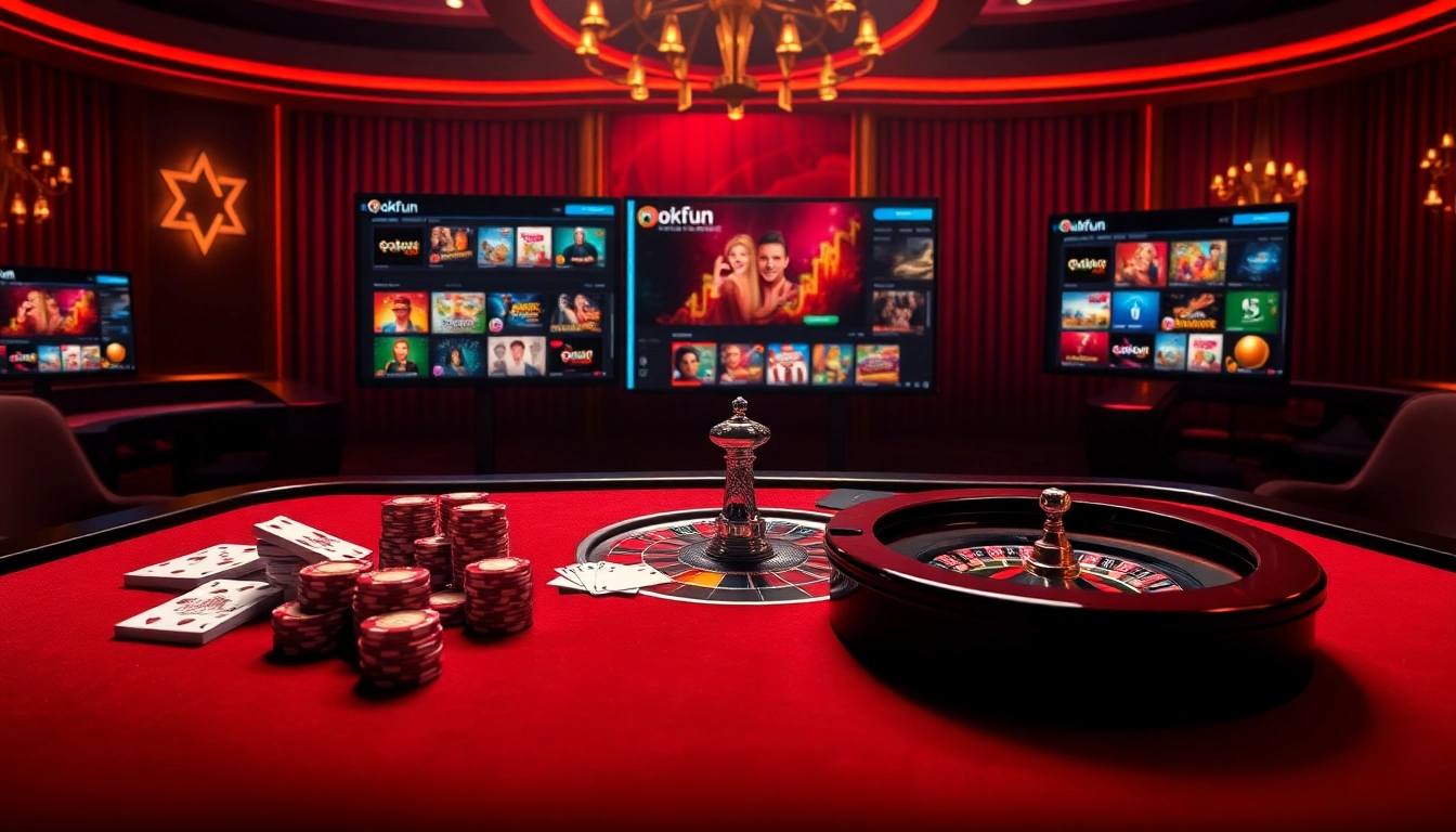 Experience luxury gambling with Okfun's online casino showcasing poker chips, cards, and roulette.