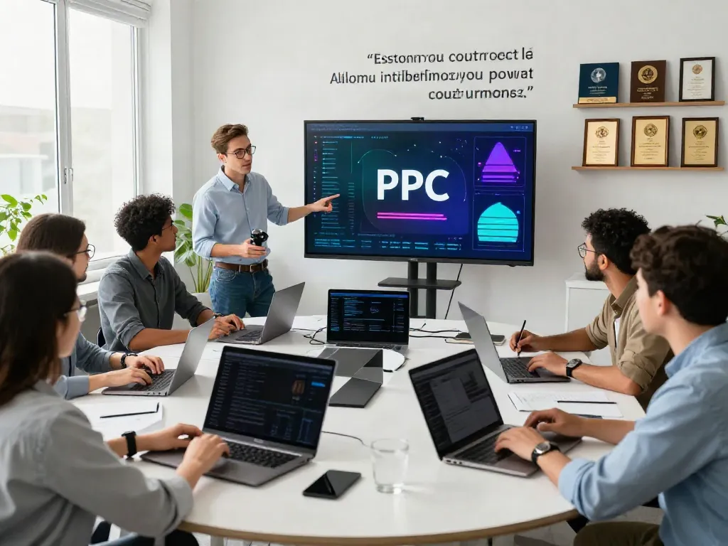 A collaborative workspace illustrating Paid Ads Management strategies with diverse team members presenting digital marketing analytics.
