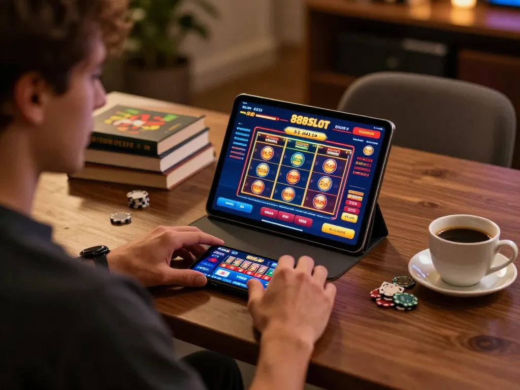 Engaging online gaming session featuring 888slot with tablet and smartphone in cozy home setting