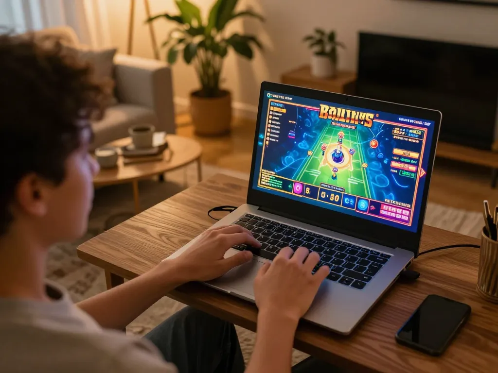 Engaging in online slot gaming on go8 with vibrant graphics and cozy home setup