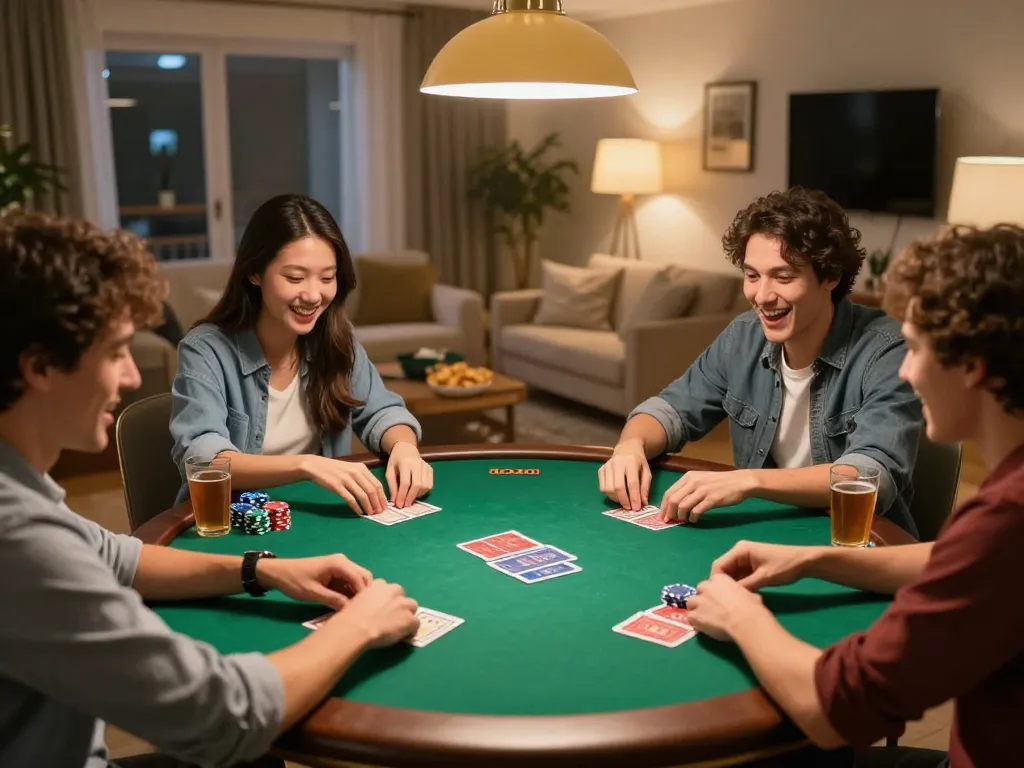 Engaging poker game night at home with friends playing around table, featuring XX88 excitement and strategy.