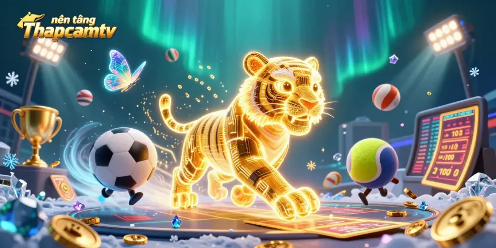 Engage with nền tảng Thapcamtv as the golden tiger navigates through a vibrant digital casino landscape.