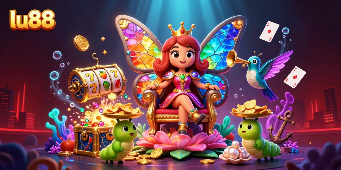 Engage with lu88's vibrant online casino as a butterfly queen reigns over golden treasures and slot reels.