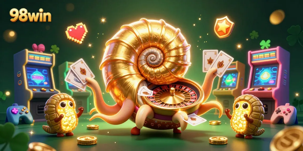 Experience thrilling gaming adventures at 98win with a vibrant 3D casino scene featuring a giant nautilus and exciting game elements.