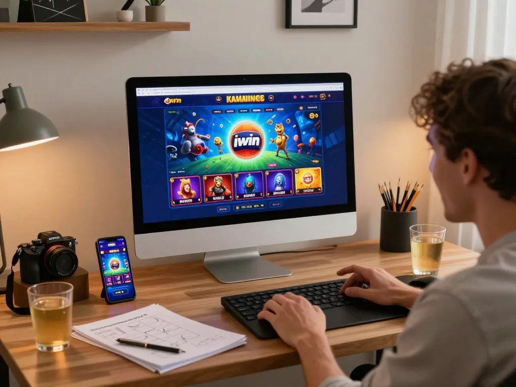 Engaged user enjoying iwin games on a desktop setup in a stylish home office with strategic notes.