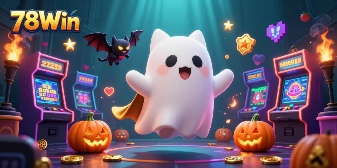Experience thrilling play at 78Win with a ghost cat and vampire bat in a vibrant casino scene.
