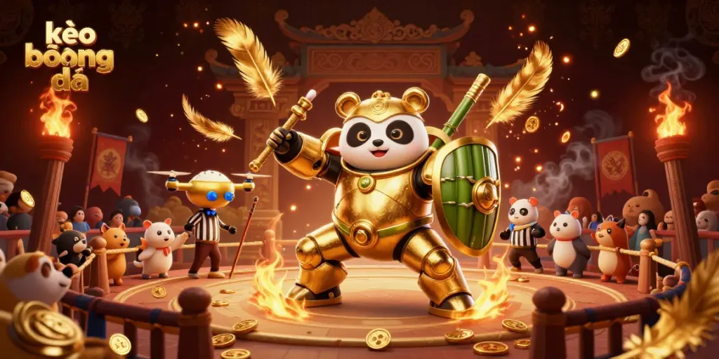 Experience thrilling kèo bóng đá action with a mech-suit panda battling in a lively arena.