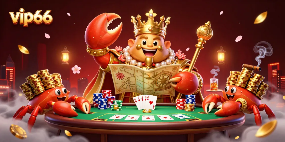vip66 players enjoy thrilling poker action with a golden crab emperor leading the game with vibrant casino elements.