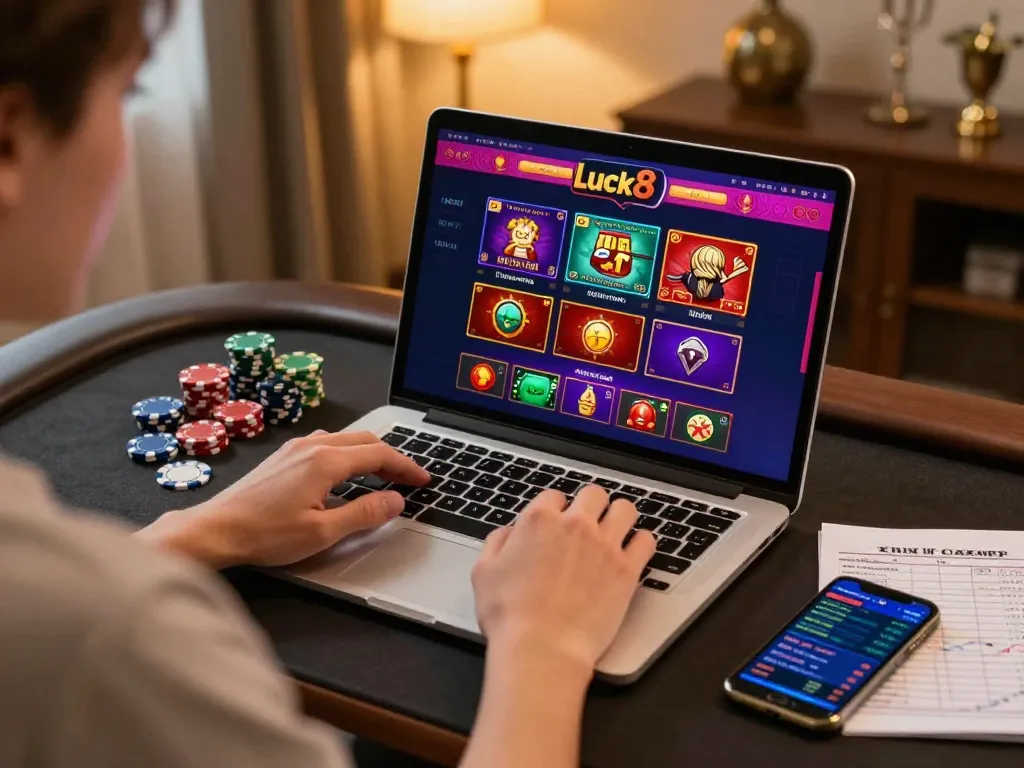 Player engaging with luck8 online casino games on laptop in inviting home setting.