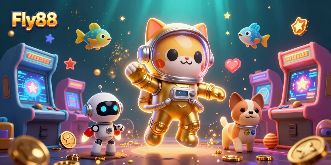 Engage with Fly88's vibrant gaming universe, featuring a space cat and robot dog amidst interstellar arcade fun.