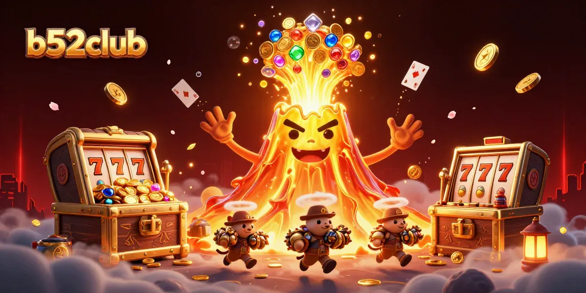 Engage with b52club's thrilling slot adventure featuring a volcano and treasure in a colorful scene.
