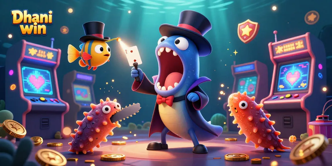 Dive into the excitement of Dhani win with thrilling card tricks performed by vibrant sea creatures amidst colorful gaming elements.
