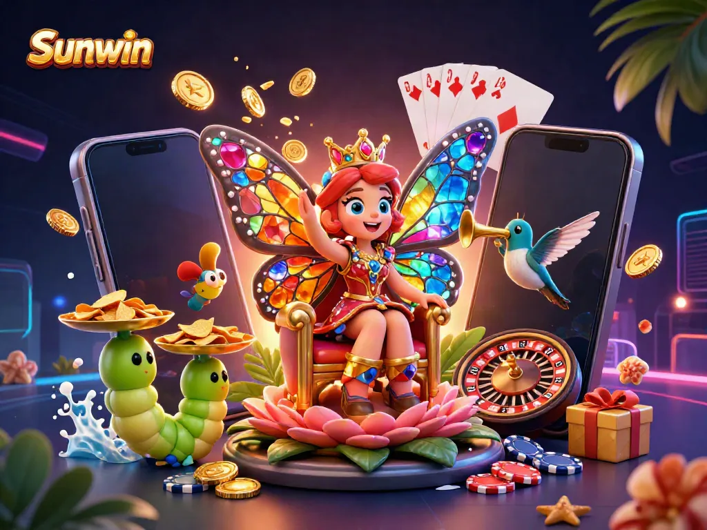 Experience the thrill of Sunwin with a vibrant 3D casino scene showcasing exciting game elements and characters.