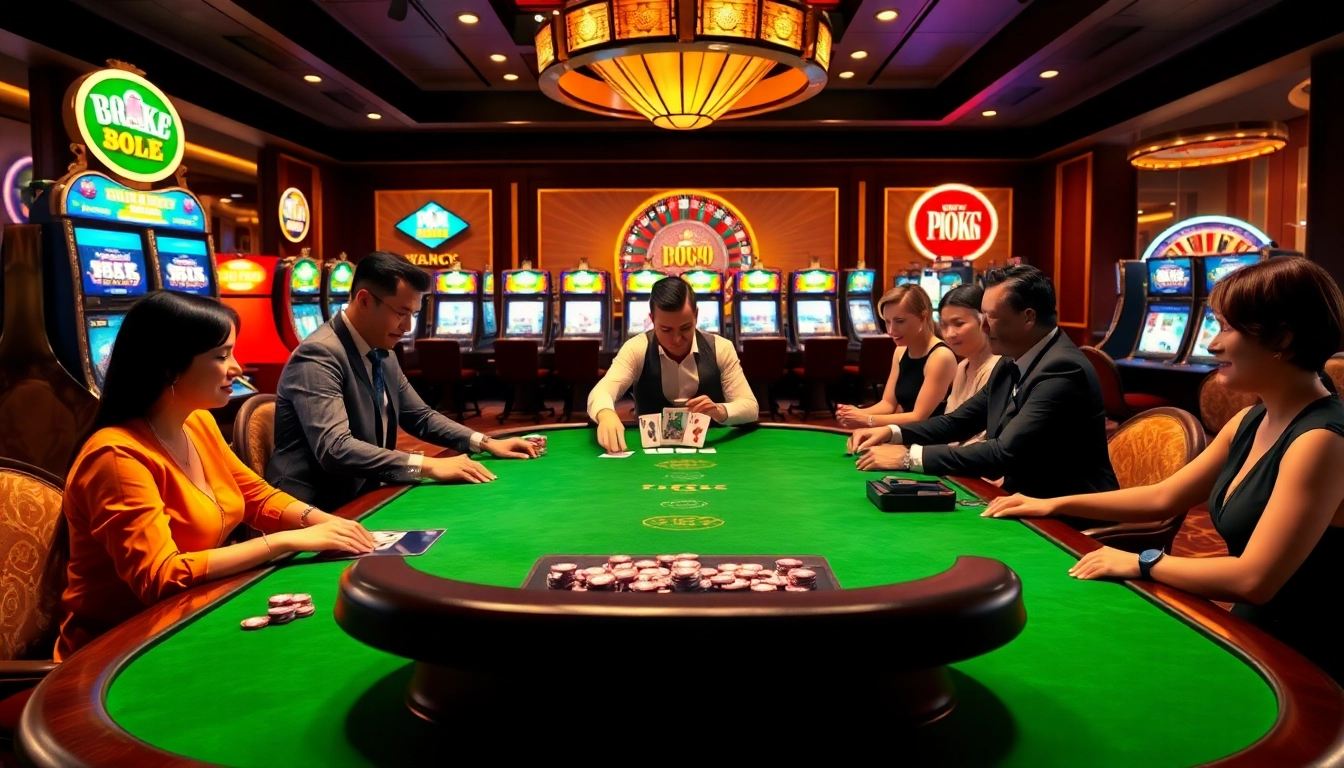 Engaged players enjoying a poker game at https://tg88-vn.jpn.com/ casino tables amidst a vibrant atmosphere.