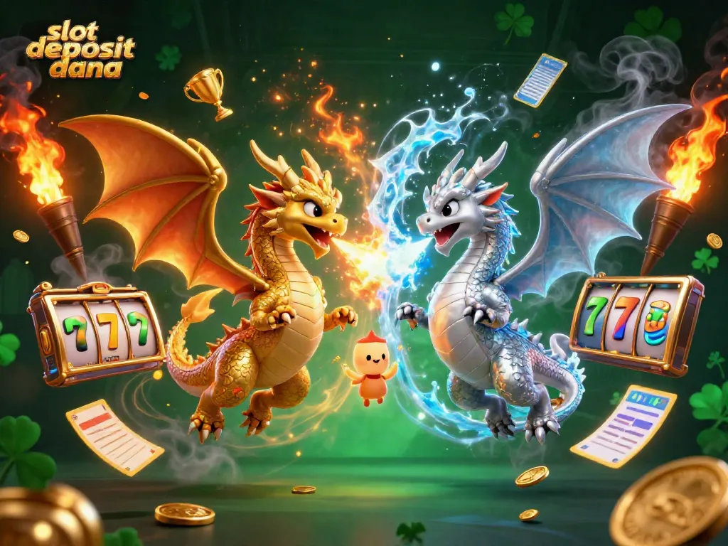 Experience thrilling gameplay with slot deposit dana, featuring dynamic slot reels and golden trophy amidst 3D dragons.