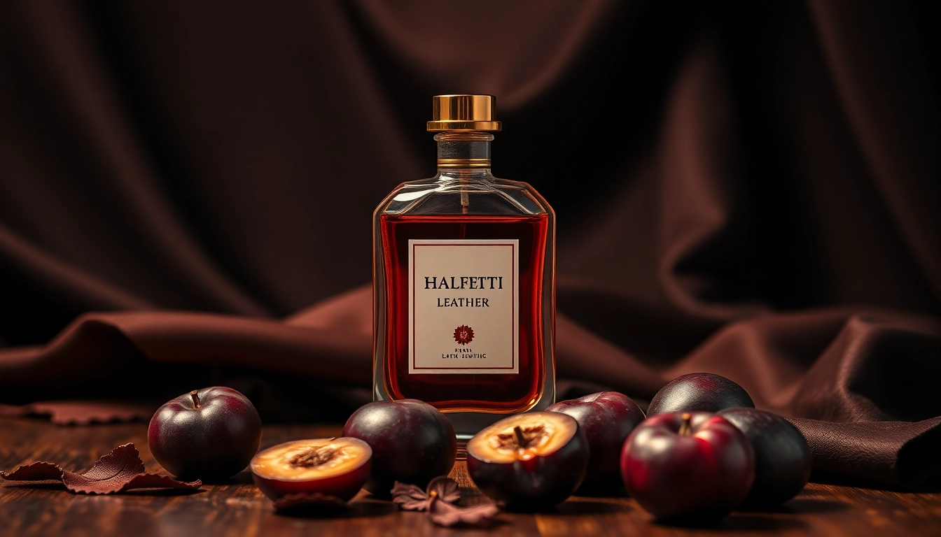 Showcase Halfeti Leather perfume bottle with elegant detailing amidst leather and plums.