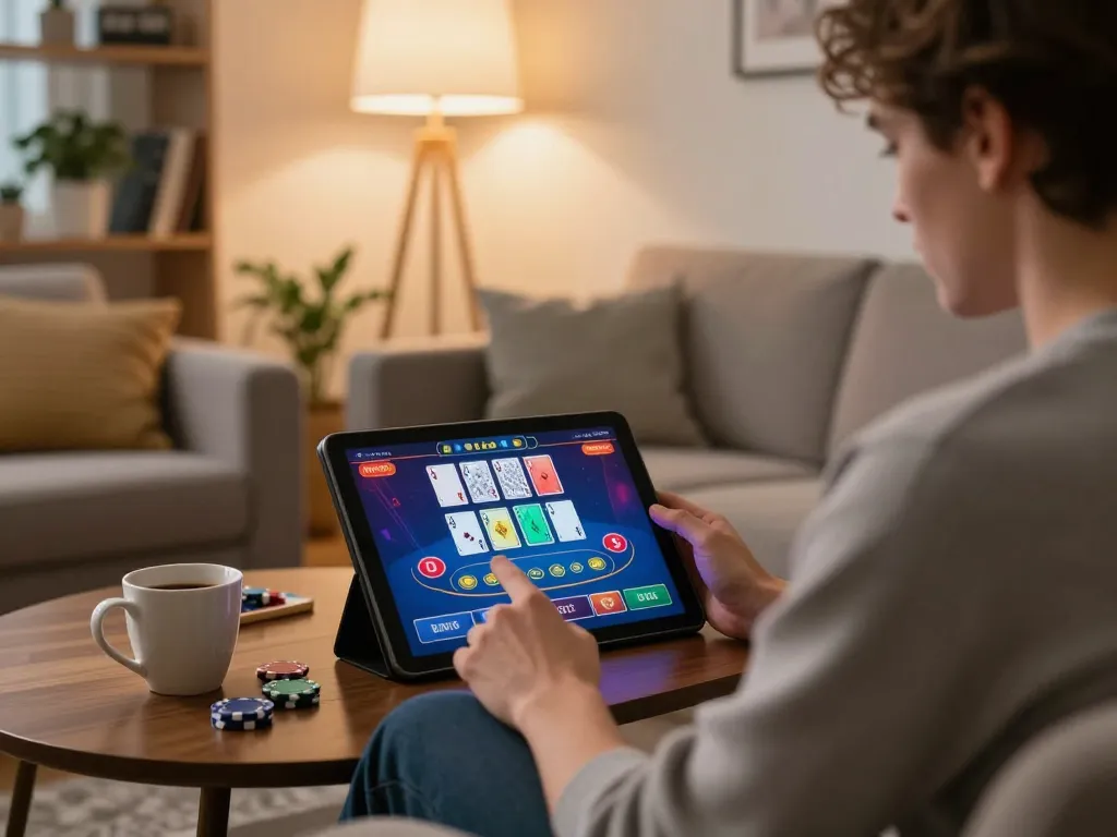 Engaged gambler at home using tablet for 88club blackjack live dealer game