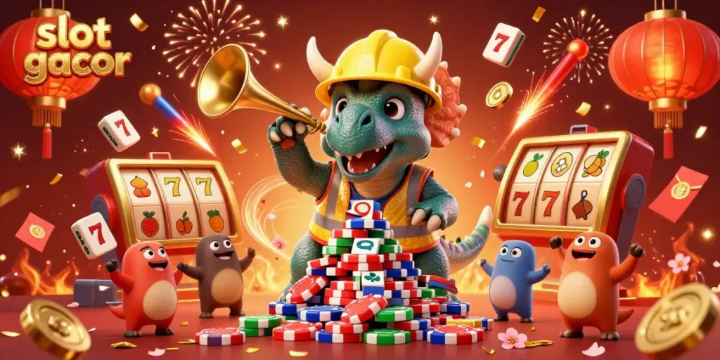 Slot gacor mempromosikan kemenangan dengan simbol slot dan karakter ceria di kasino.