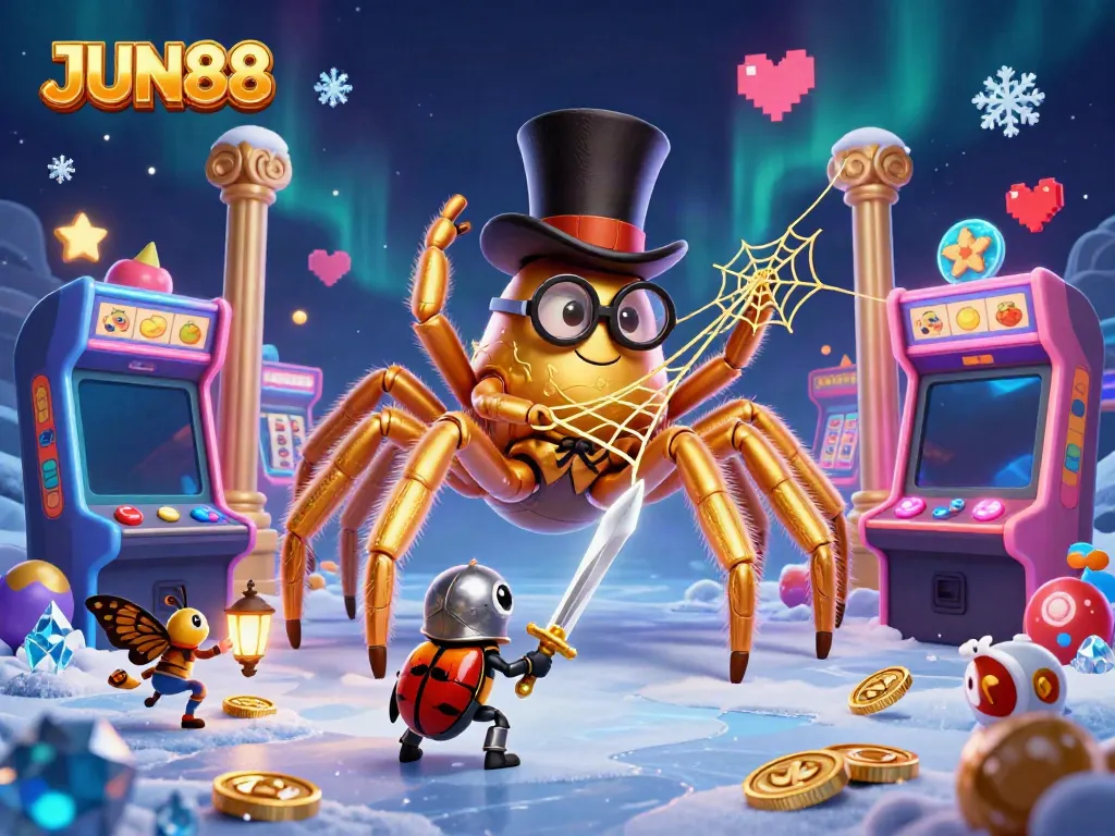 Experience thrilling entertainment at JUN88 with a golden tarantula and beetle knight in a rich casino-themed illustration.
