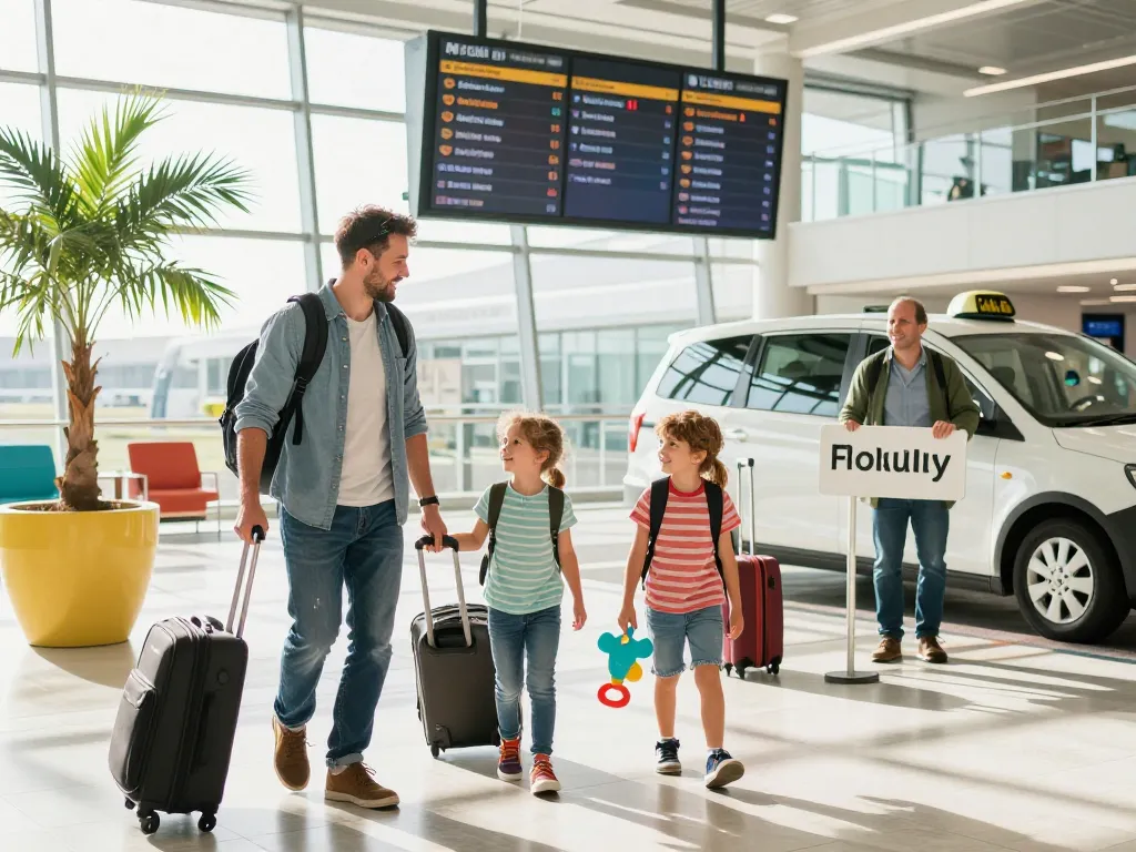 Airport transfers Leeds with a family arriving at the airport, cheerful atmosphere and friendly taxi service.