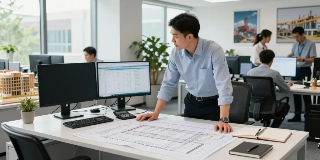 Construction commercial management office with quantity surveyor analyzing bills of quantities.