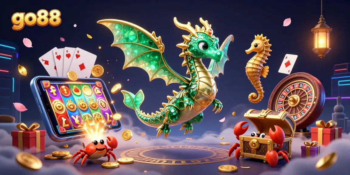 Win big at go88 with this vibrant casino scene showcasing an emerald sea dragon and dynamic gaming elements.