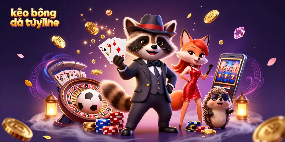 Experience kèo bóng đá trực tuyến with a playful cartoon raccoon and fox in a vibrant casino scene.