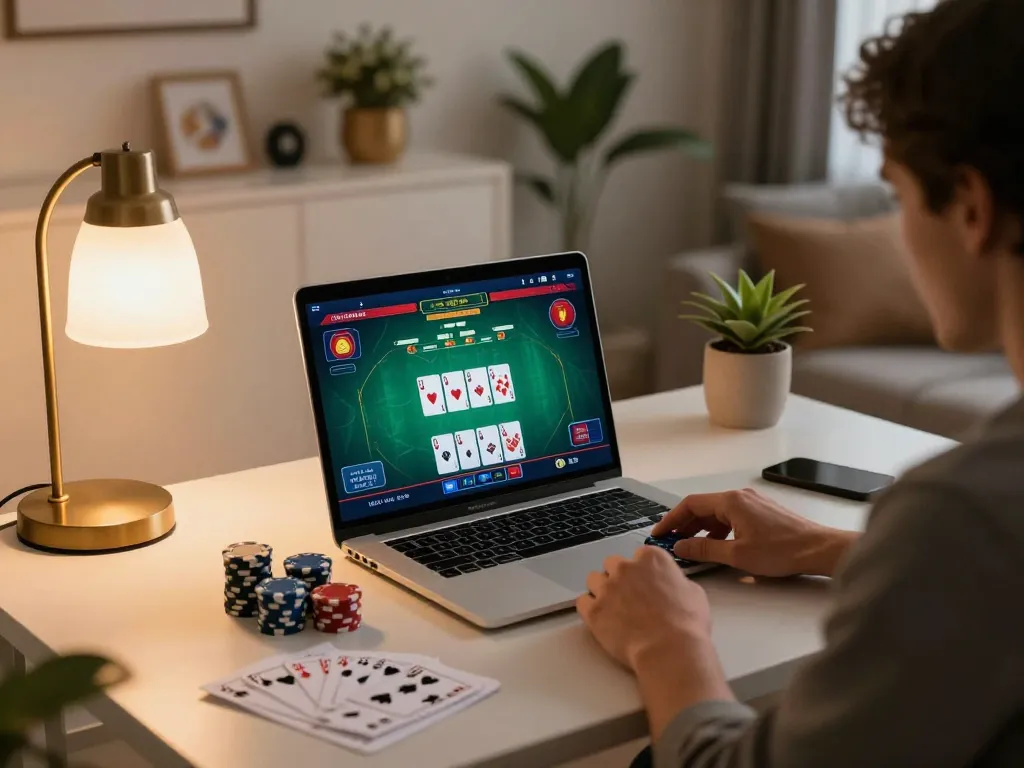 F168 player enjoying online poker with strategic notes and chips at home desk