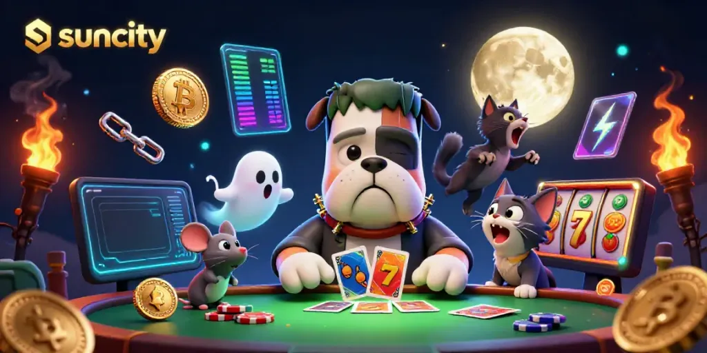 Suncity themed 3D illustration with diverse characters dealing cards at a casino table, surrounded by slot elements.