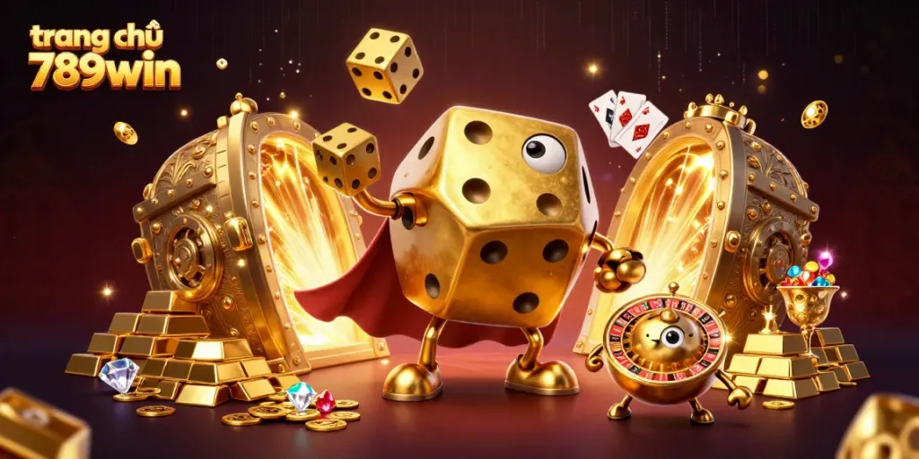 Engage with the thrilling atmosphere of trang chủ 789win featuring golden dice, jewels, and vibrant casino elements.