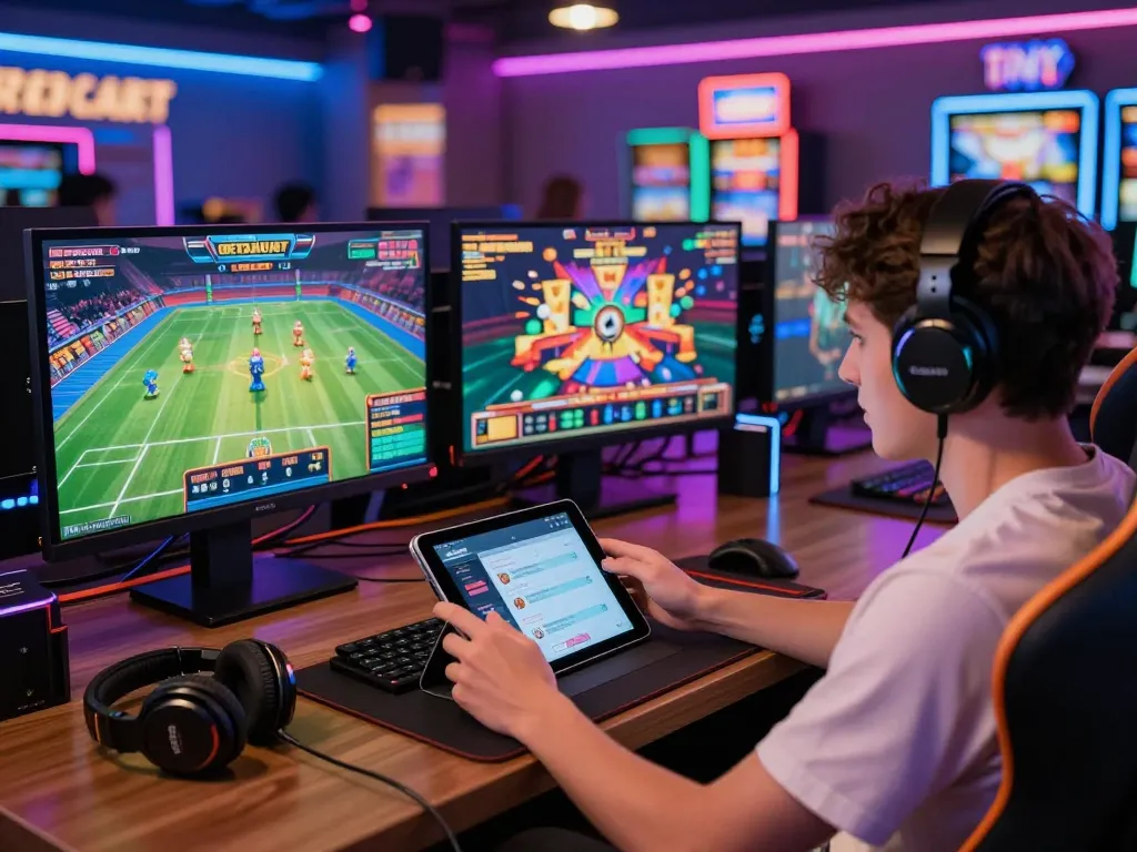 Engaging player enjoying okwin gaming experience with multiple screens and mobile app in vibrant setting.