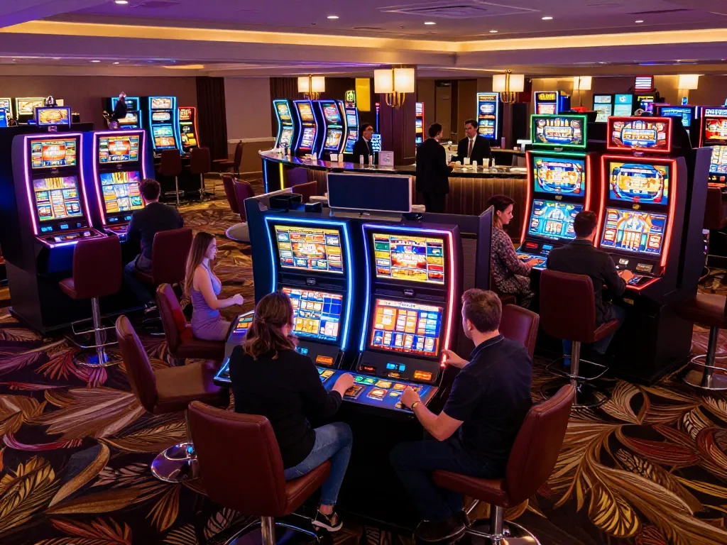 Players engaging with slot machines at 78win casino, showcasing vibrant atmosphere and high stakes.