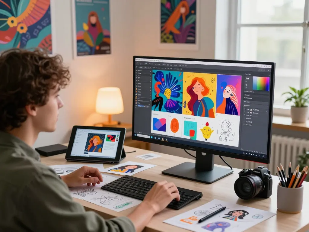Designer using nano banana 2 AI image editor, vibrant digital art workspace.